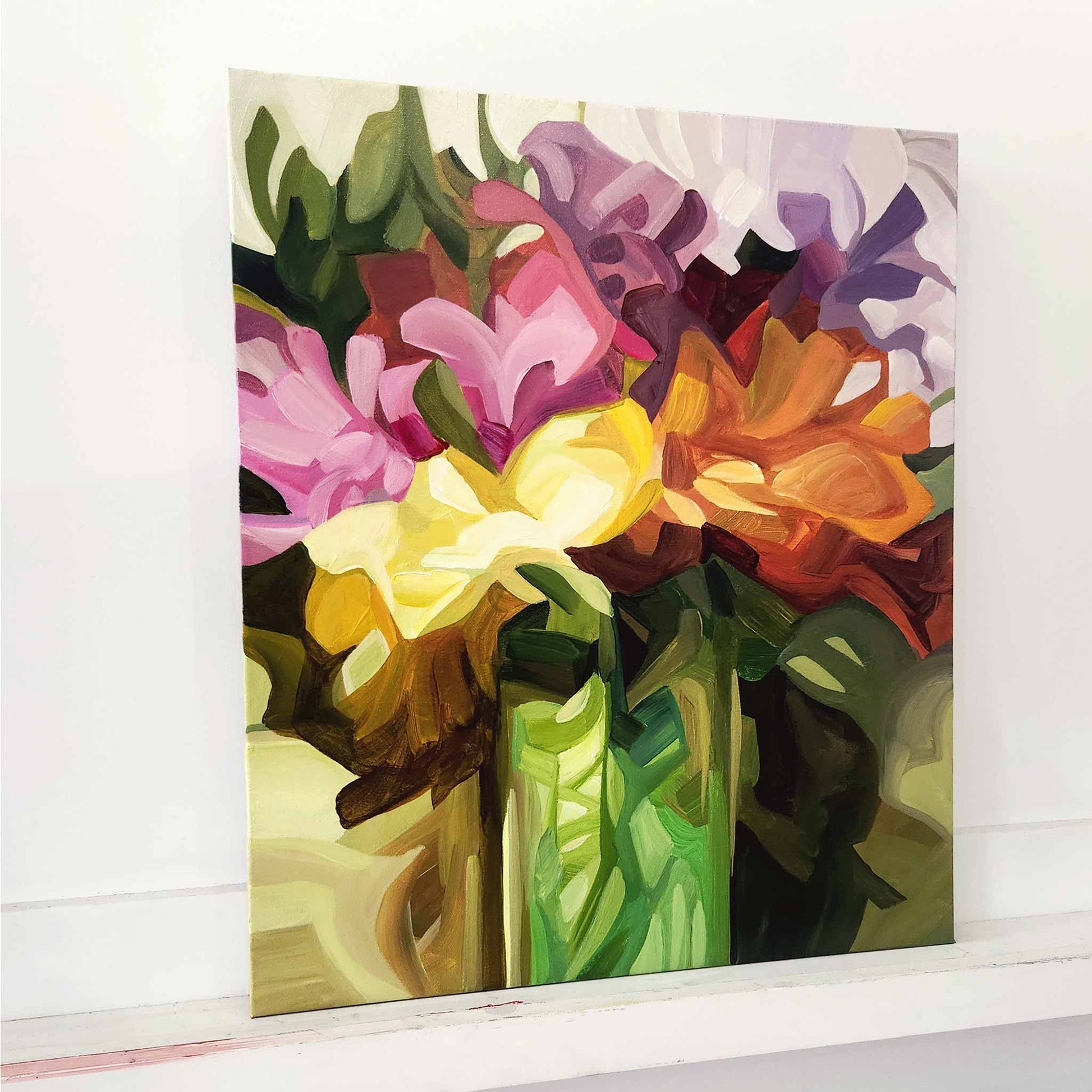 abstract flower painting of mauve and golden blooms