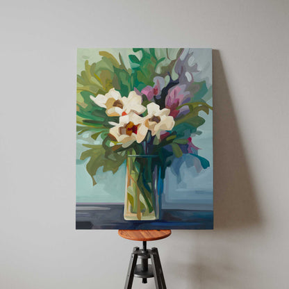 abstract floral bouquet with cream blooms on a green and blue background