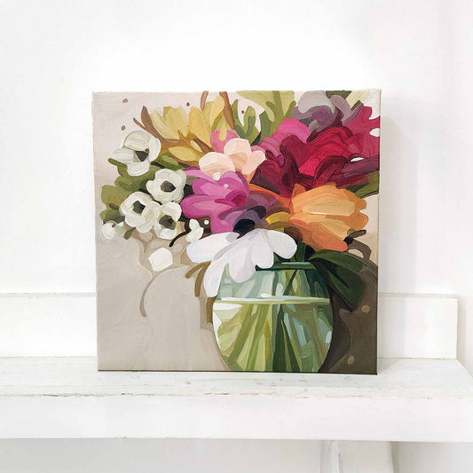 Contemporary flower painting with coral orange, blush pink and red blooms