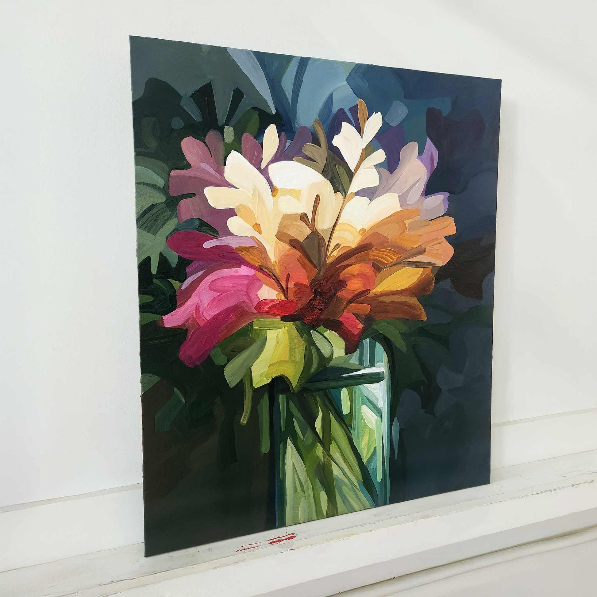 abstract flower painting of a bunch of wildflowers in a vase on a dark background