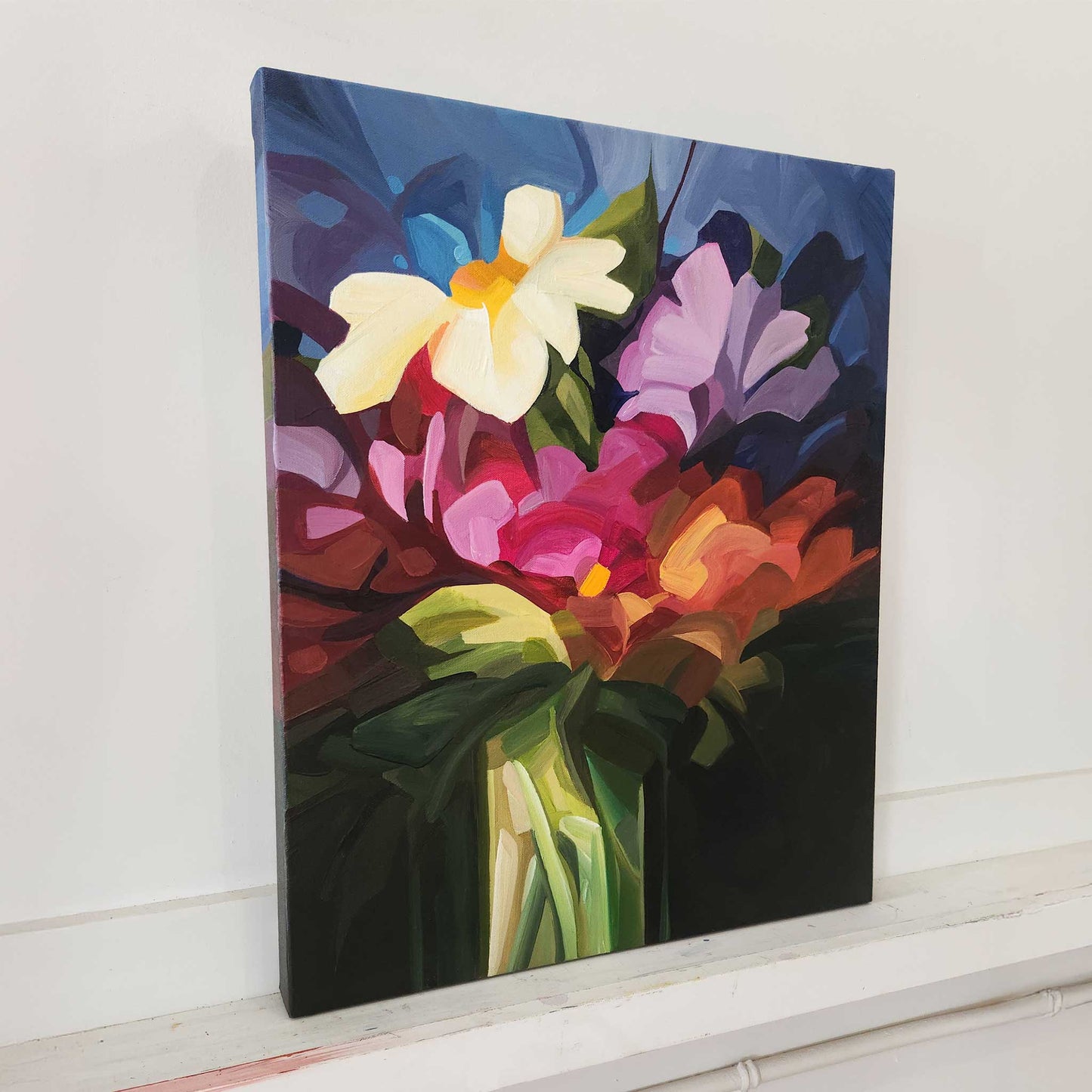 abstract wildflower painting with purple and magenta blooms on blue background