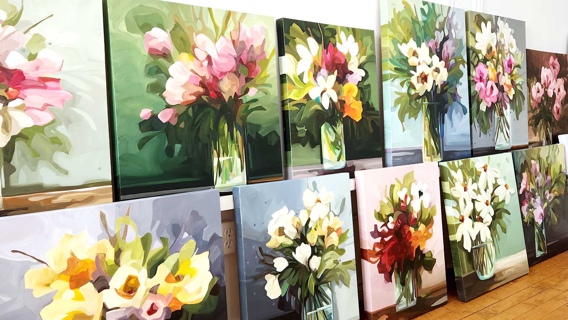 abstract flower paintings in studio