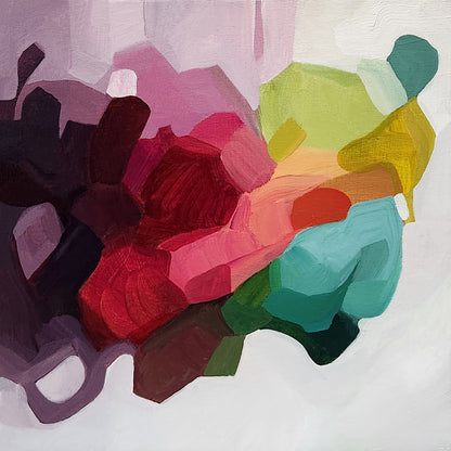 Abstract painting with flowing colour blobs on canvas