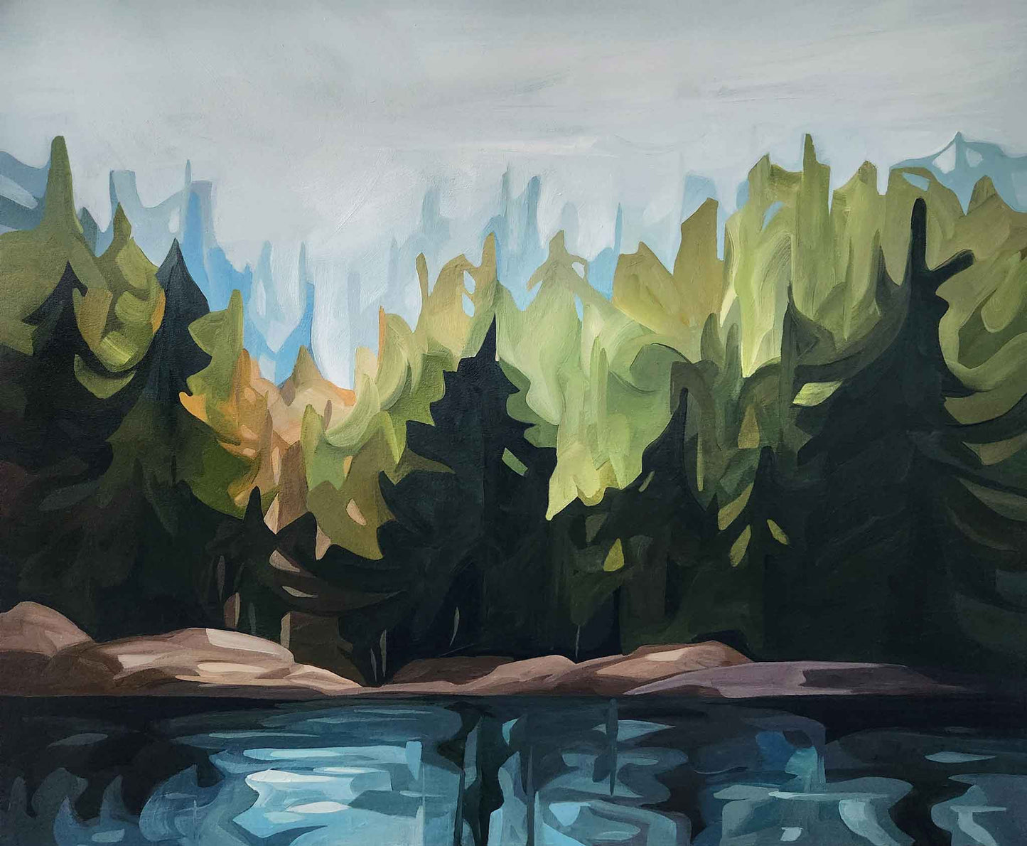 ‘Lake of the Woods’, an acrylic landscape painting of a quiet lake in the forest, shows the beauty and tranquility of nature