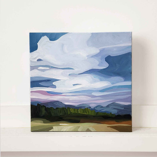 abstract landscape painting with blue and mauve evening sky
