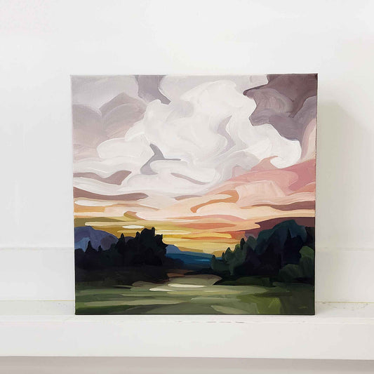 abstract landscape painting with warm autumn sunset over a forest