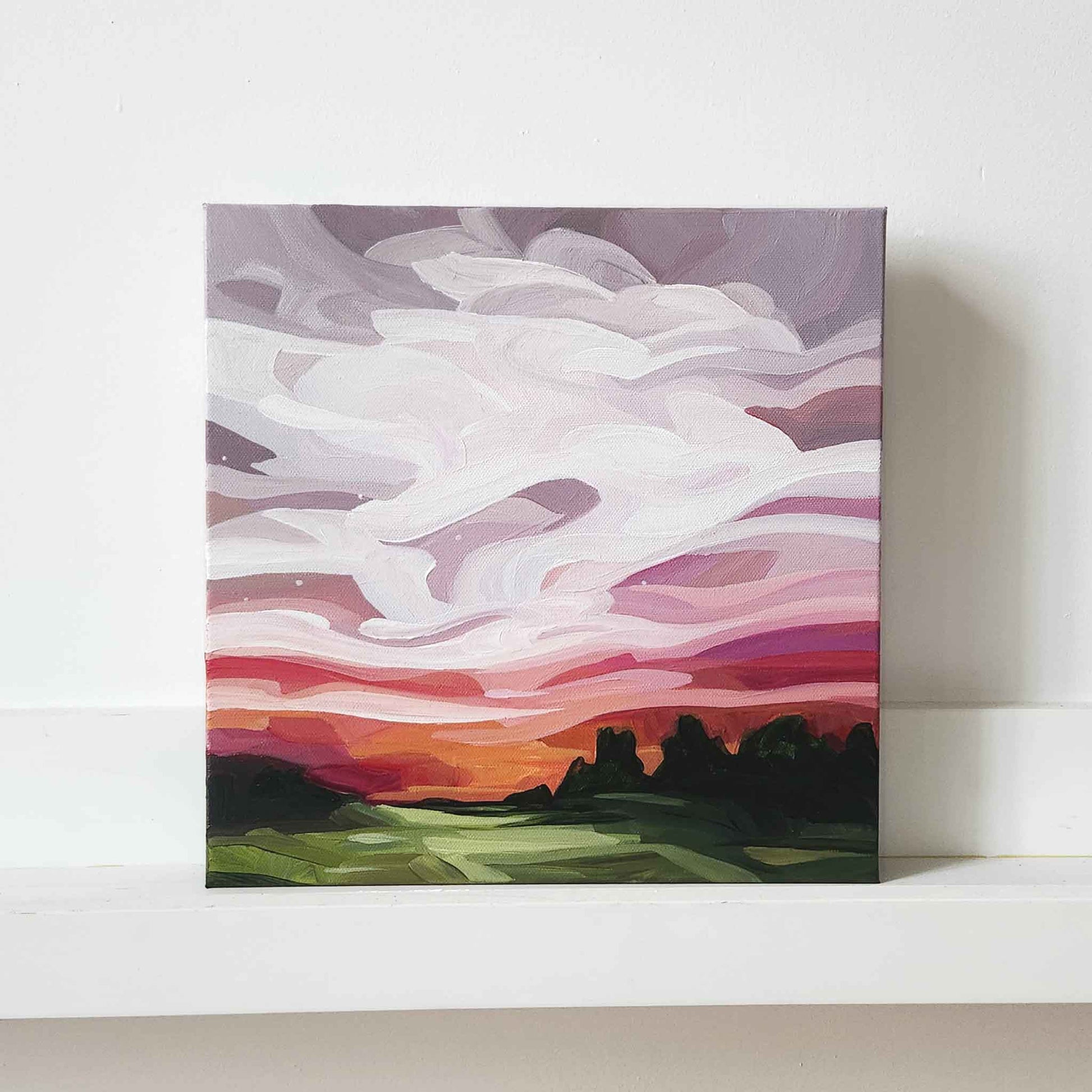 abstract landscape painting with a purple pink and magenta evening sky