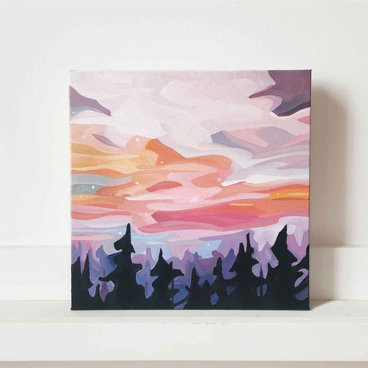 abstract landscape painting with a pink and peach sunset over a winter forest