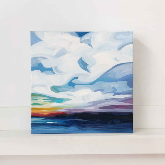 abstract landscape painting with a vibrant sunset along the horizon