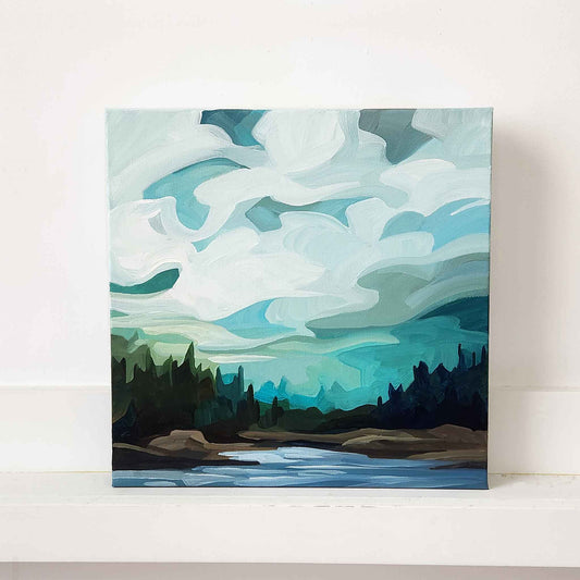 abstract landscape painting with blue sky and white clouds floating over a forest