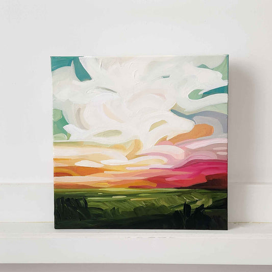 abstract landscape painting with vibrant pink sunset sky