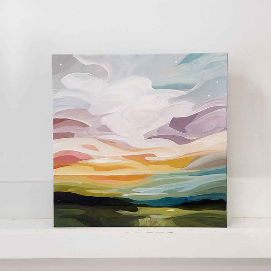 abstract landscape painting with soft pastel sunset sky