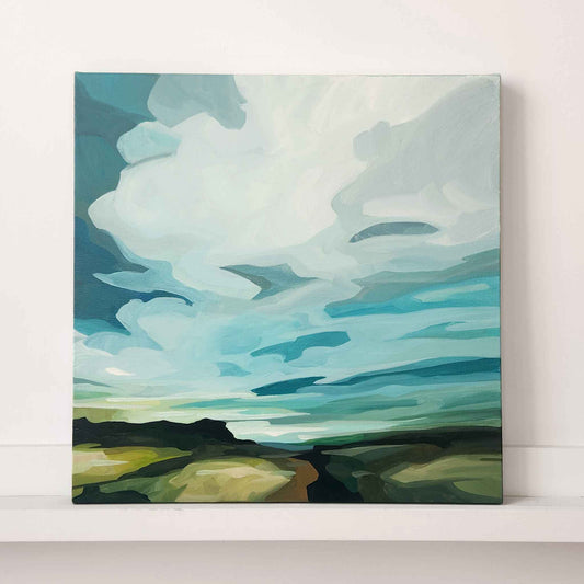 abstract landscape painting with serene peaceful sky over green fields