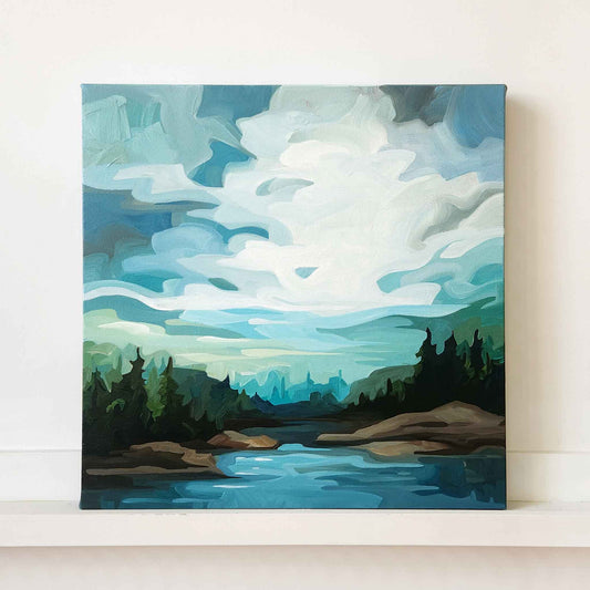 abstract landscape painting of blue sky with white clouds over forest and lake