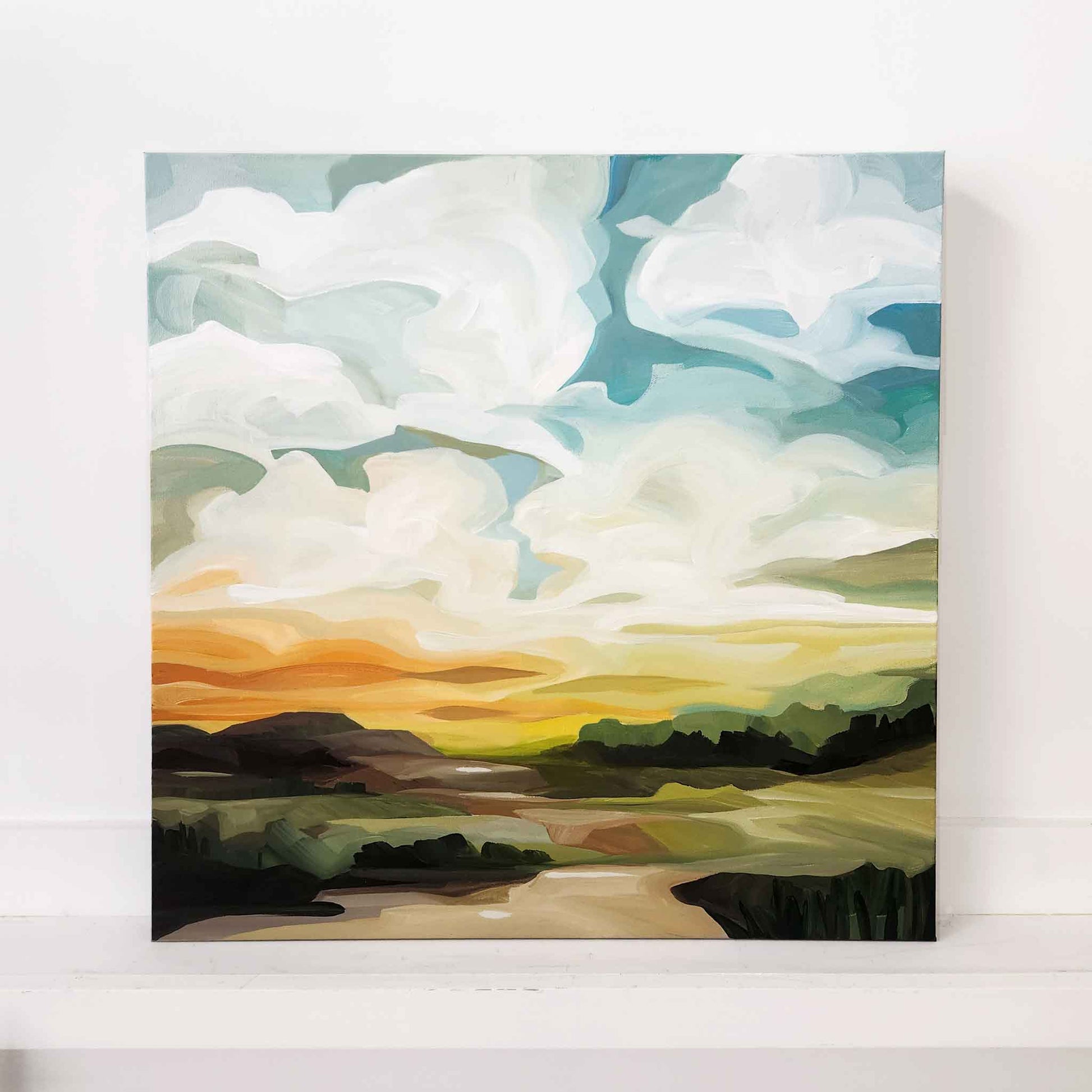 abstract landscape painting of sunset sky with an orange horizon and translucent clouds across the evening sky