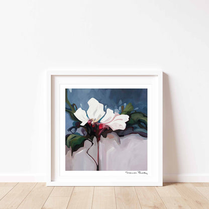 abstract painting floral fine art print white flowers on navy background