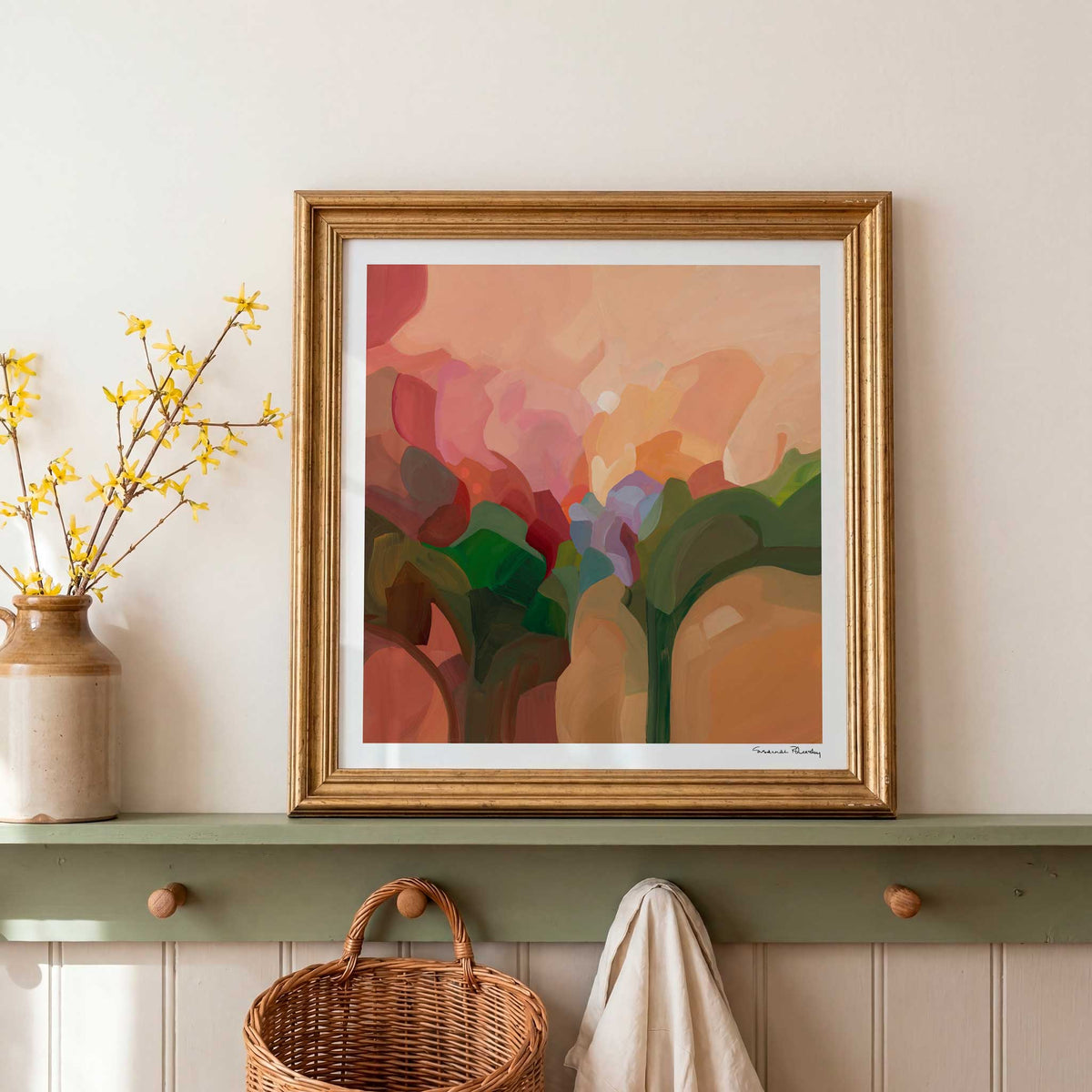 framed peach abstract art print with layered peach, coral, pink and green brushstrokes
