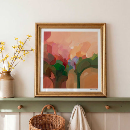 framed peach abstract art print with layered peach, coral, pink and green brushstrokes