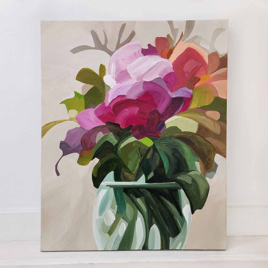 Abstract floral painting with lush pink flowers bursting from a vase