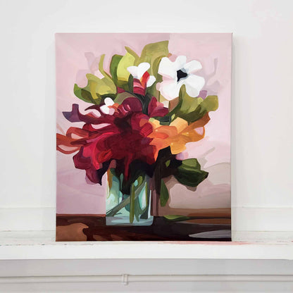 painting of abstract red flowers in vase