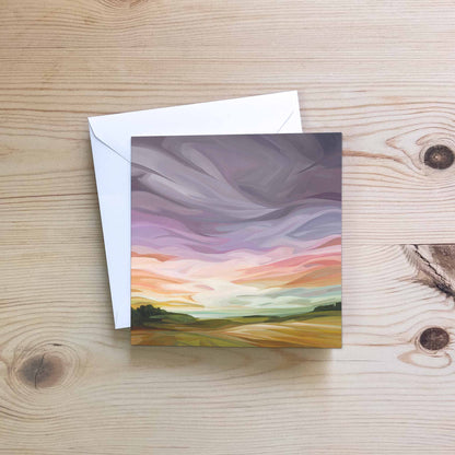 lavender abstract sky greeting card on wooden table