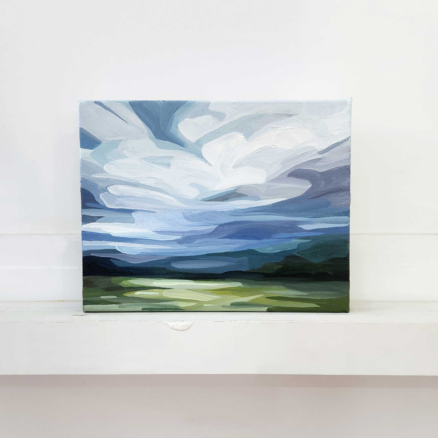 Original abstract sky landscape painting with soft clouds and atmospheric movement in acrylic