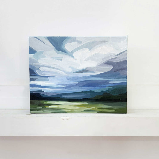 Original abstract sky landscape painting with soft clouds and atmospheric movement in acrylic