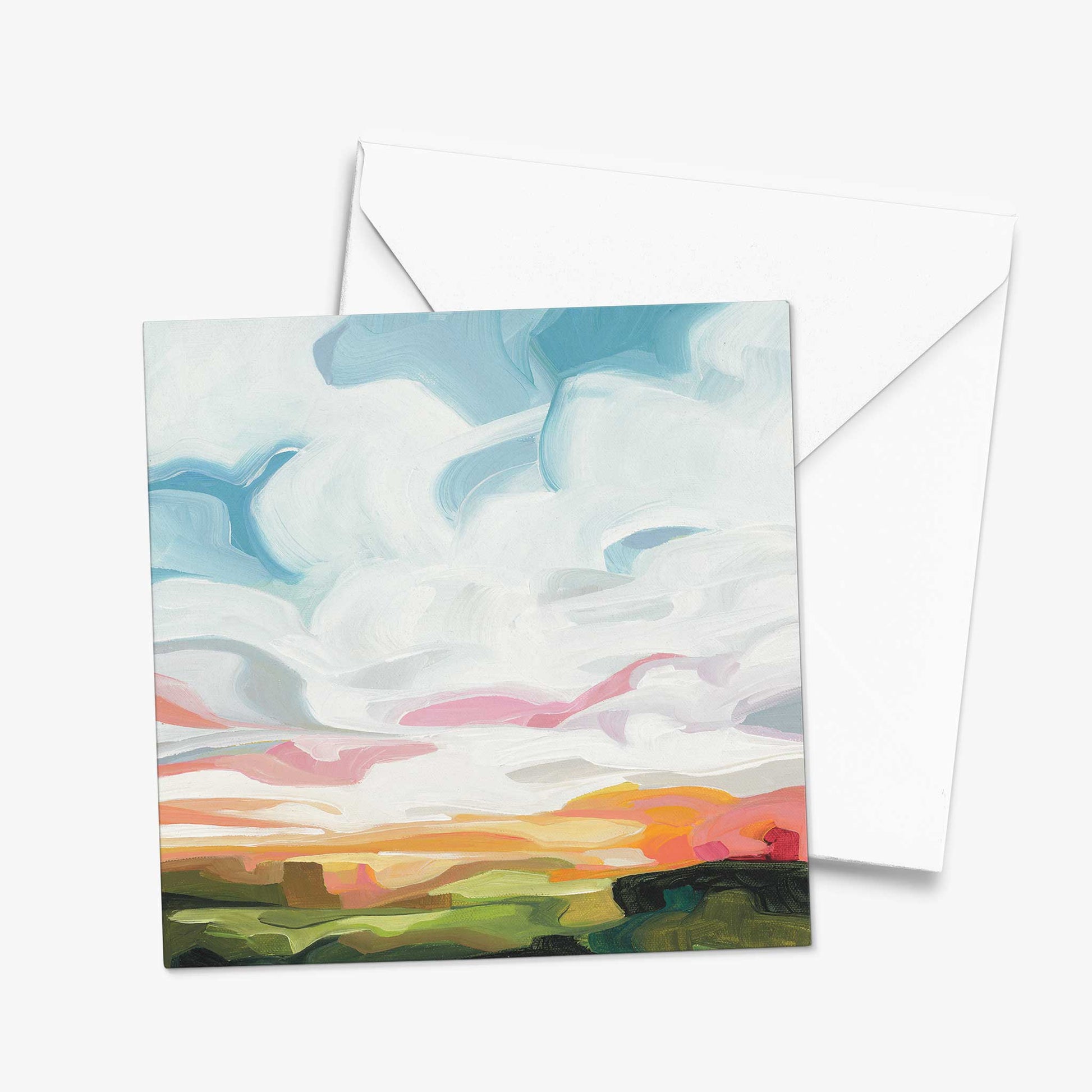 Abstract spring landscape greeting card with pastel skies, rolling green fields, and luminous contemporary cloudscape painting