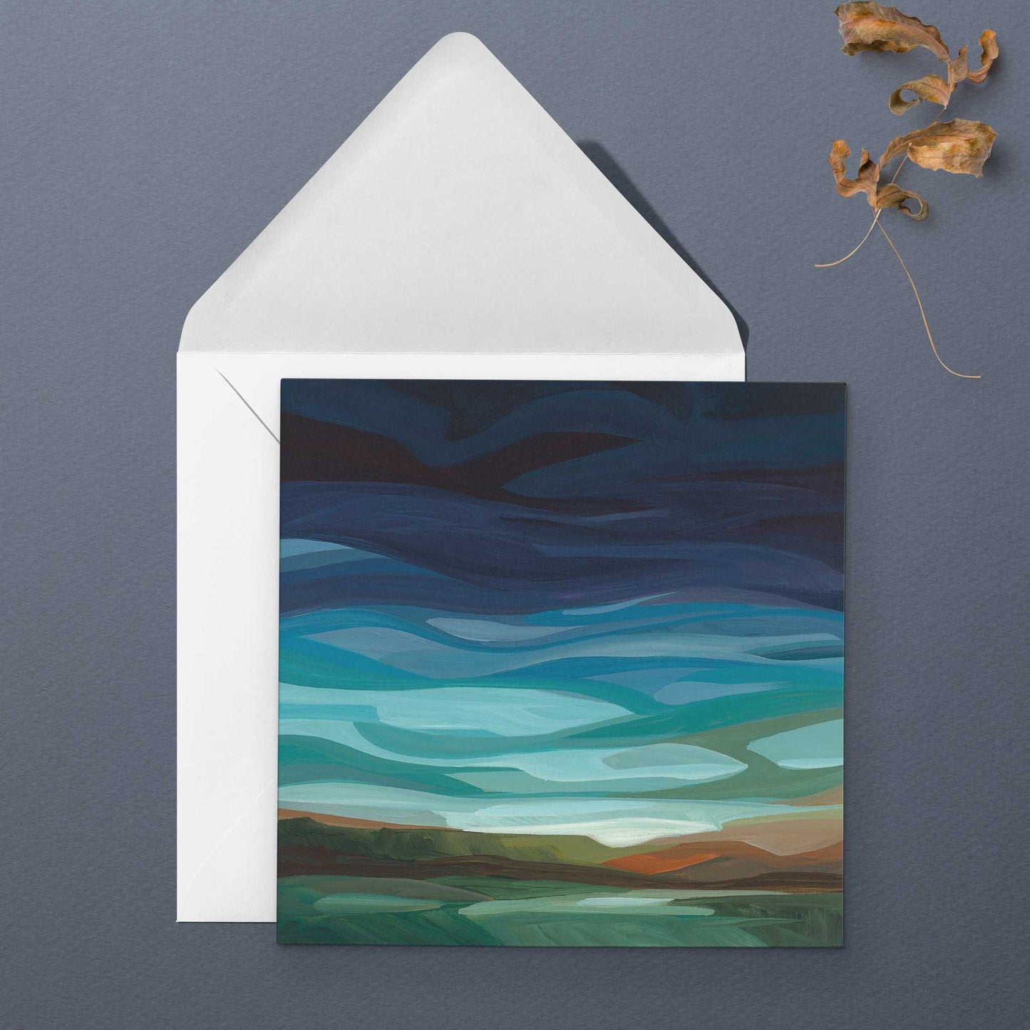 Abstract twilight sky greeting card with deep blue clouds, shimmering evening light, and contemporary cloudscape painting