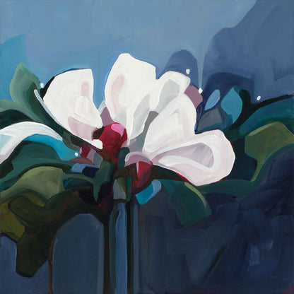 abstract white flower painting on dark blue art print
