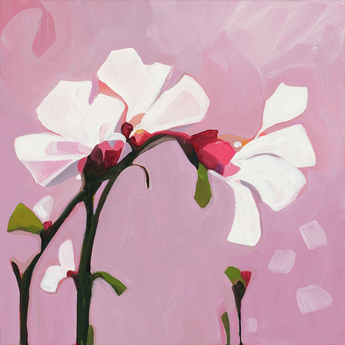 abstract white flower painting on dusty pink background