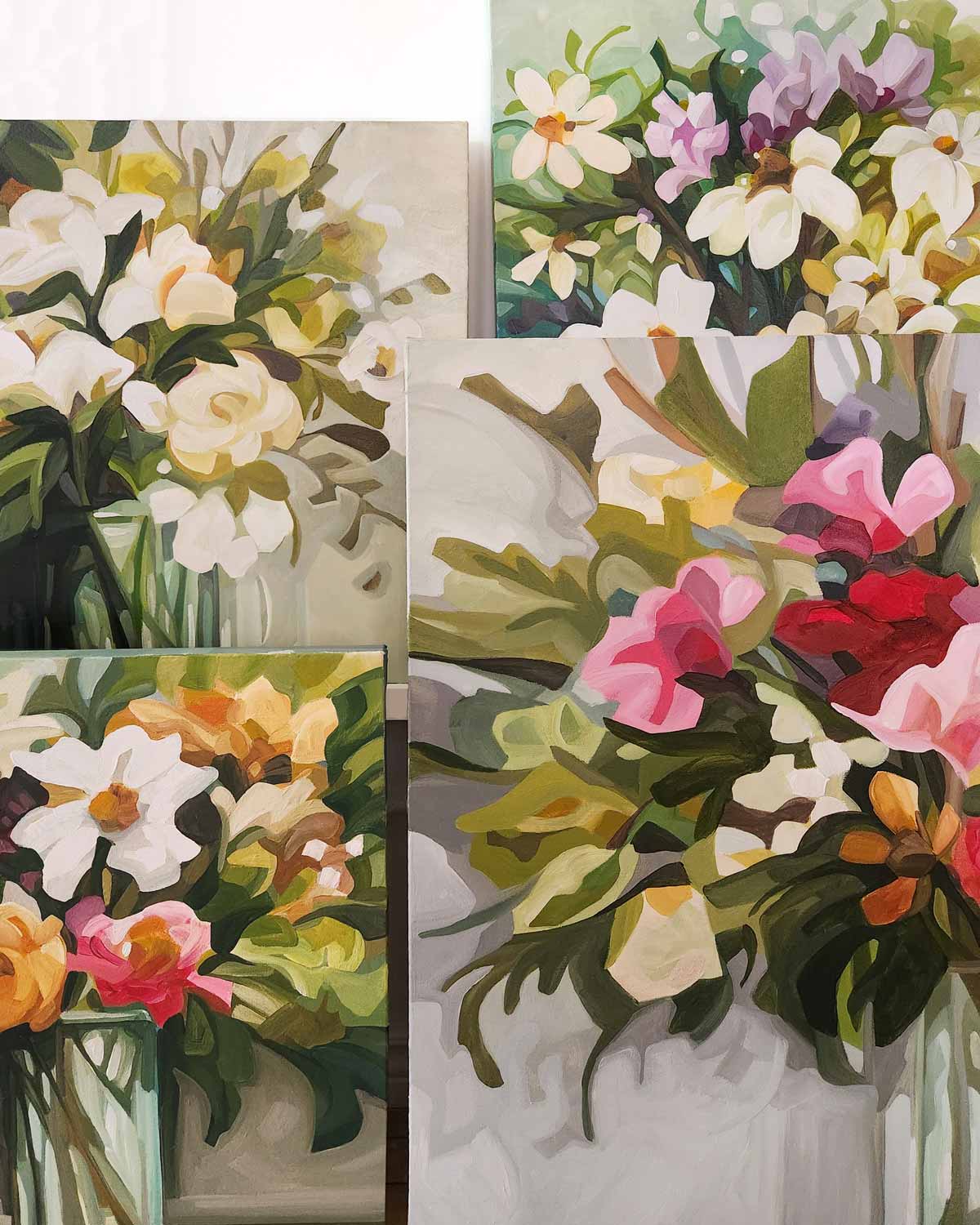 gorup of four abstract flower paintings