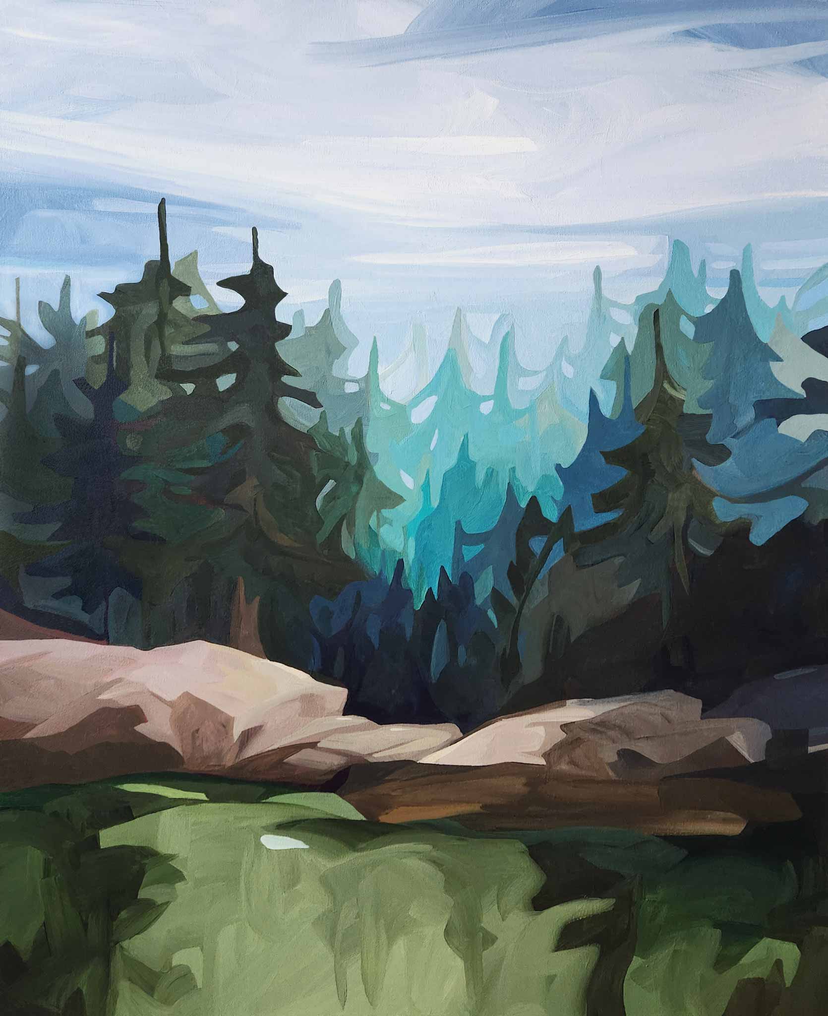 An acrylic landscape painting that portrays a forest in daylight, where light and shadows create contrast and depth.