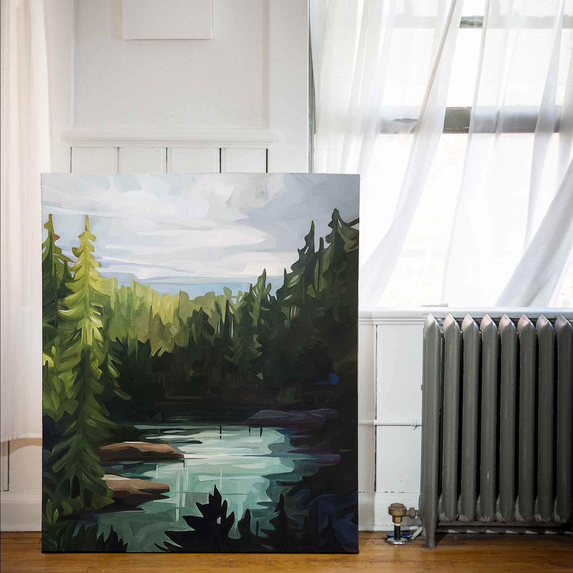 Westlake is an acrylic landscape painting of a lake in the forest showing the stunning view of a waterfall and the rocks surrounding the lake