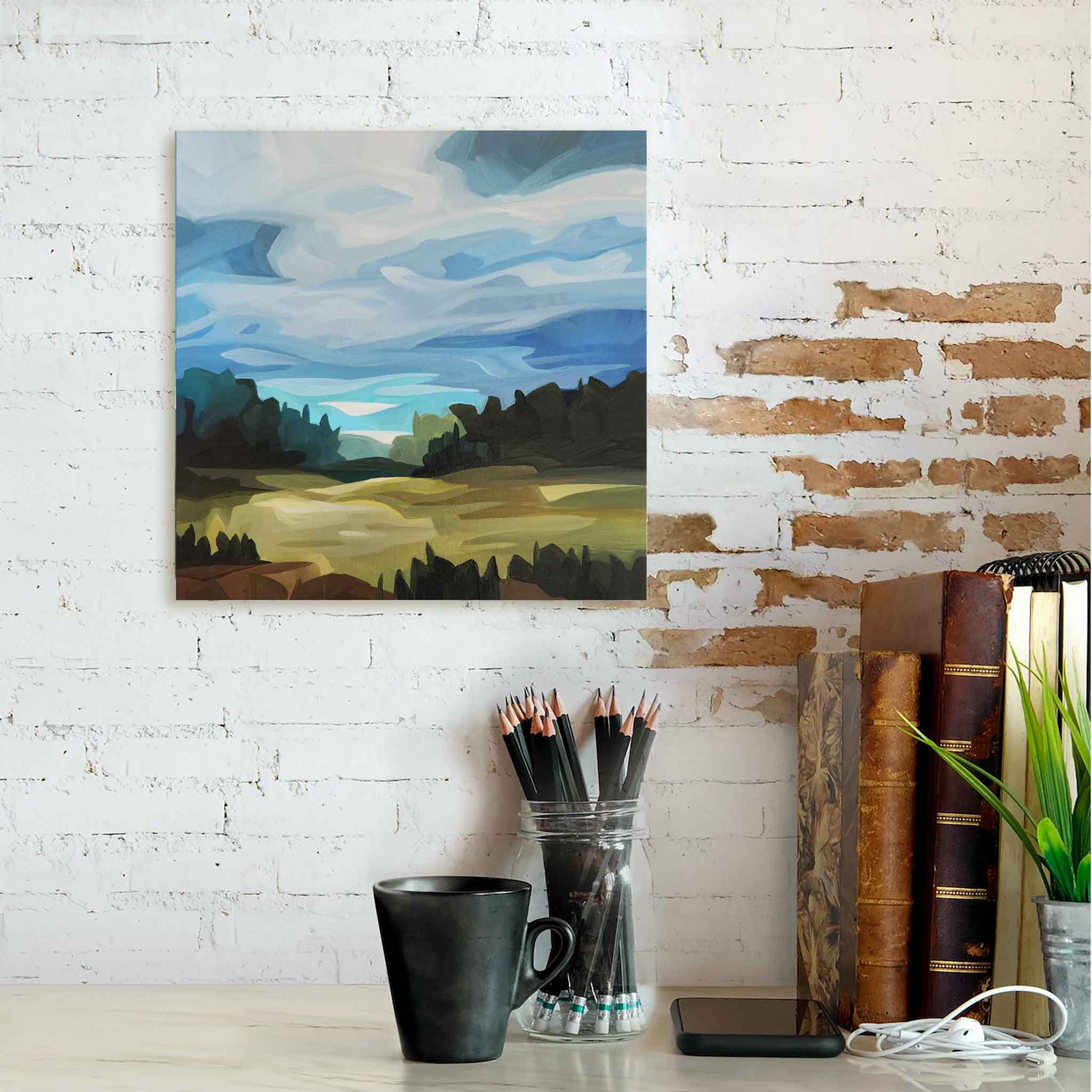 square abstract acrylic landscape painting of blue sky and green countryside