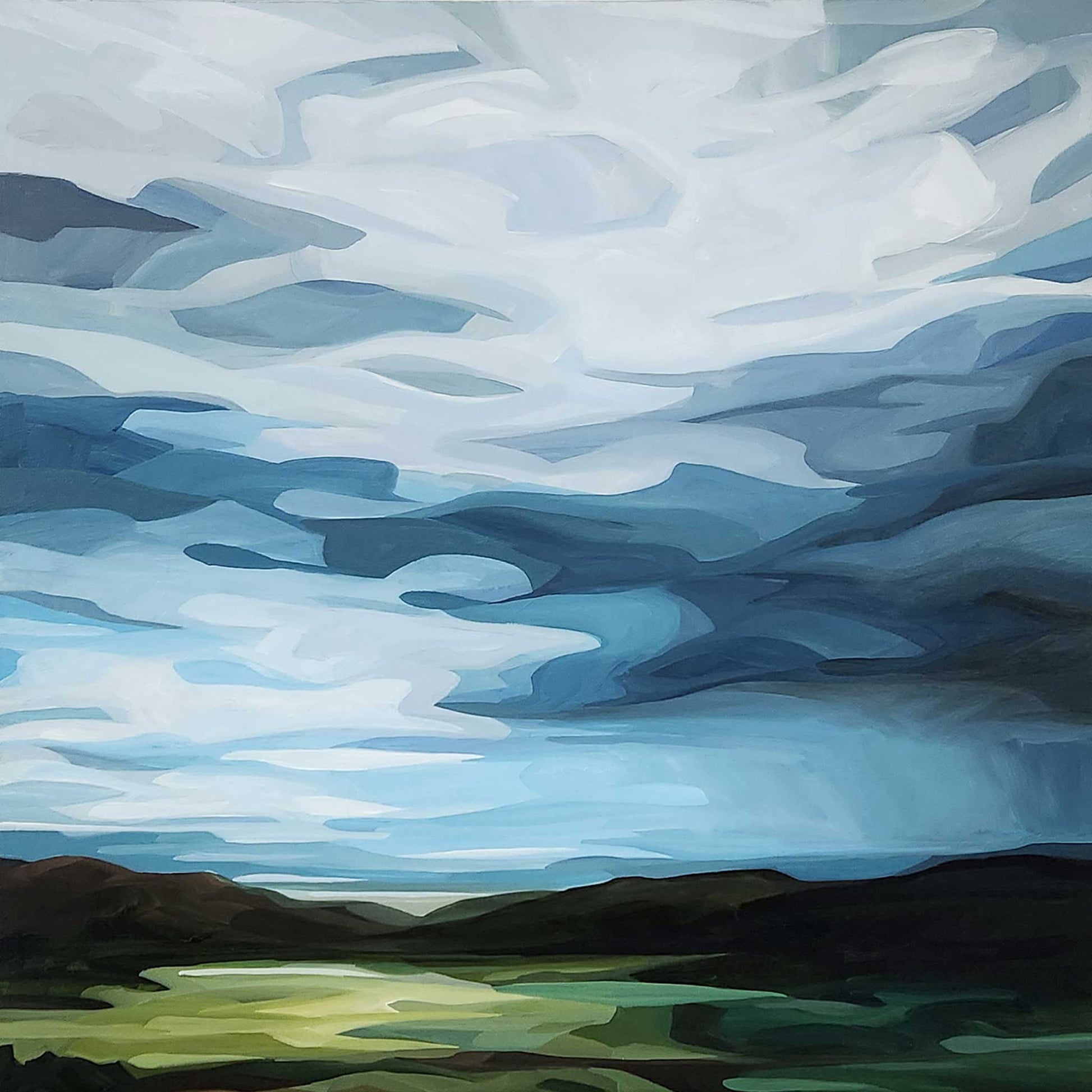 acrylic sky painting of approaching storm in a blue sky