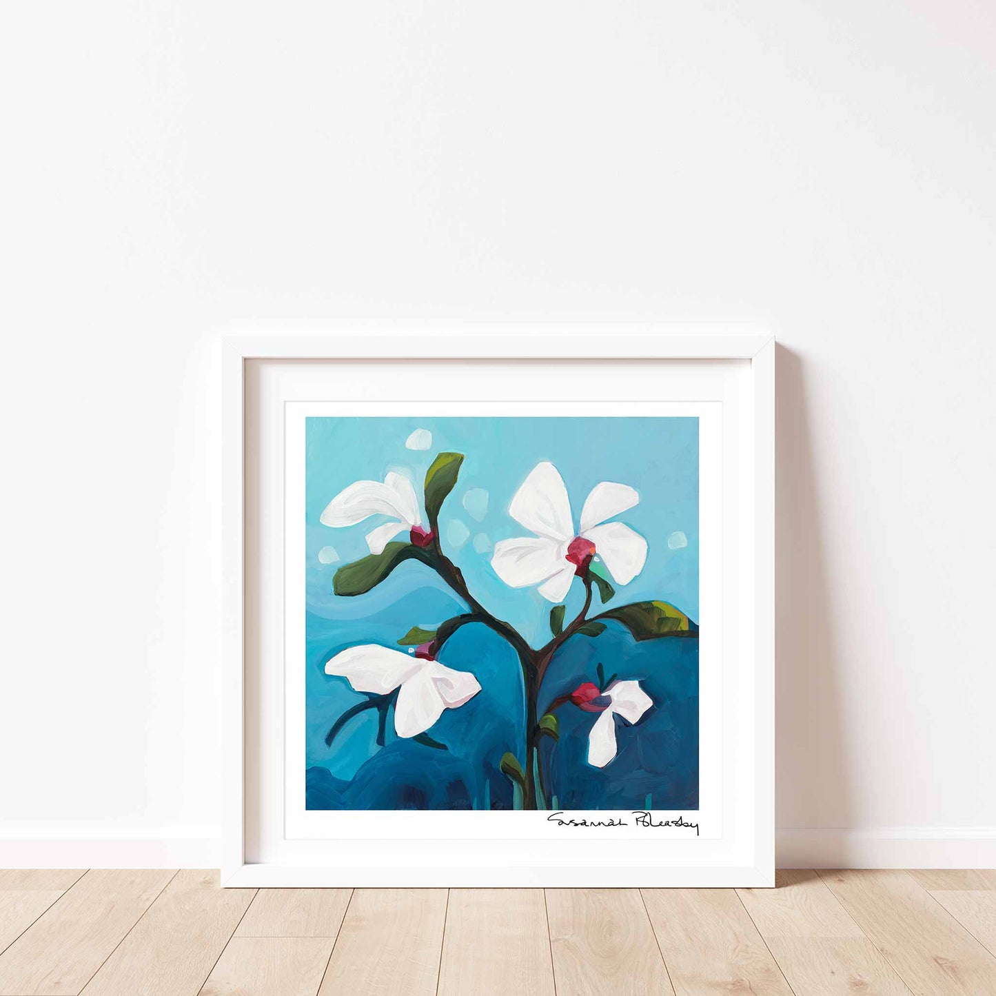 art print of abstract floral painting bright blue