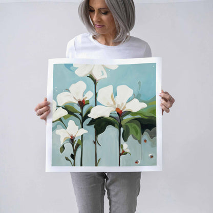 artist holding grey blue abstract floral art print