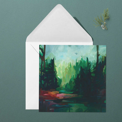 Atmospheric woodland greeting card inspired by quiet forest paths, shifting light, and contemplative landscape scenery
