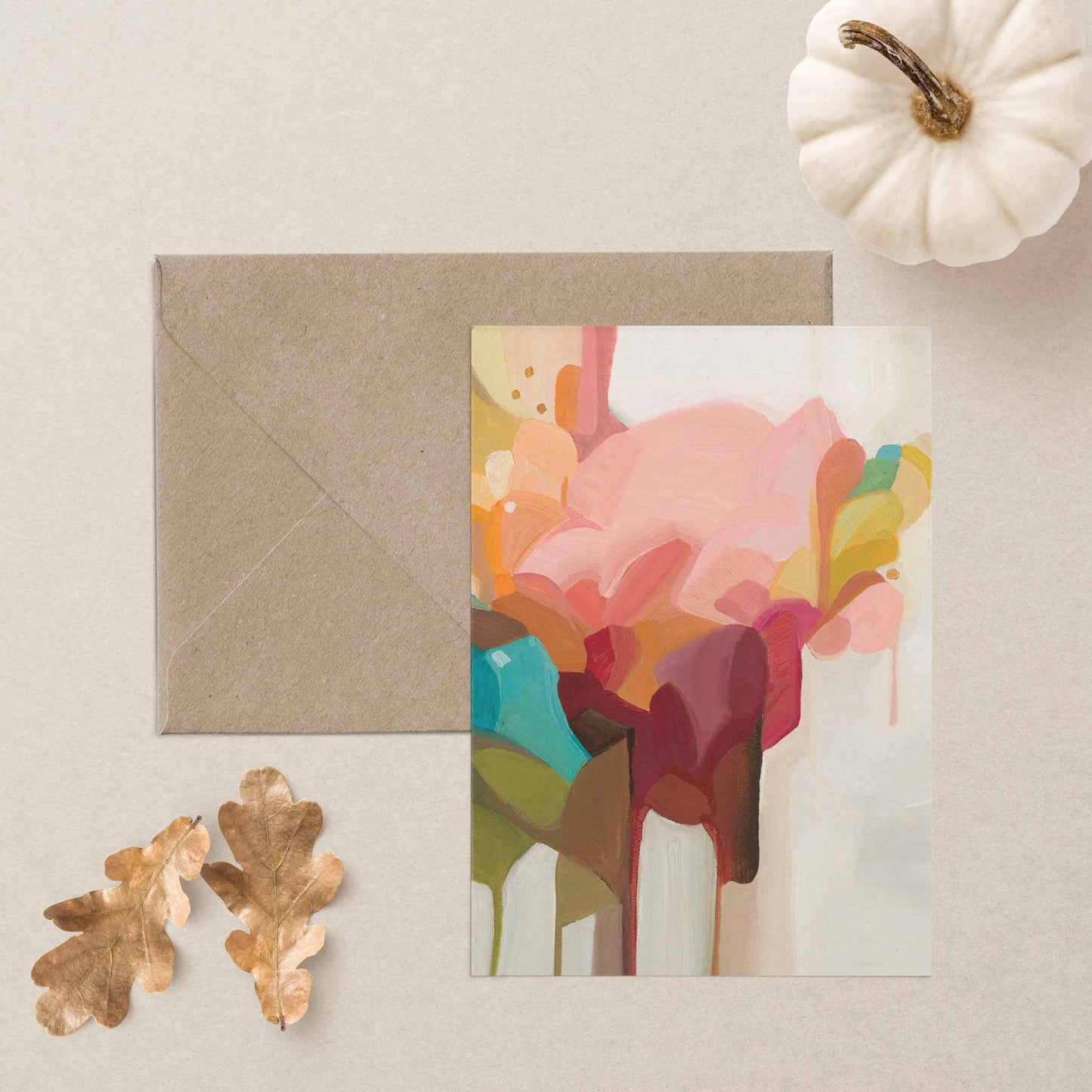 autumn flowers blank greeting card UK with abstract artwork and kraft envelope