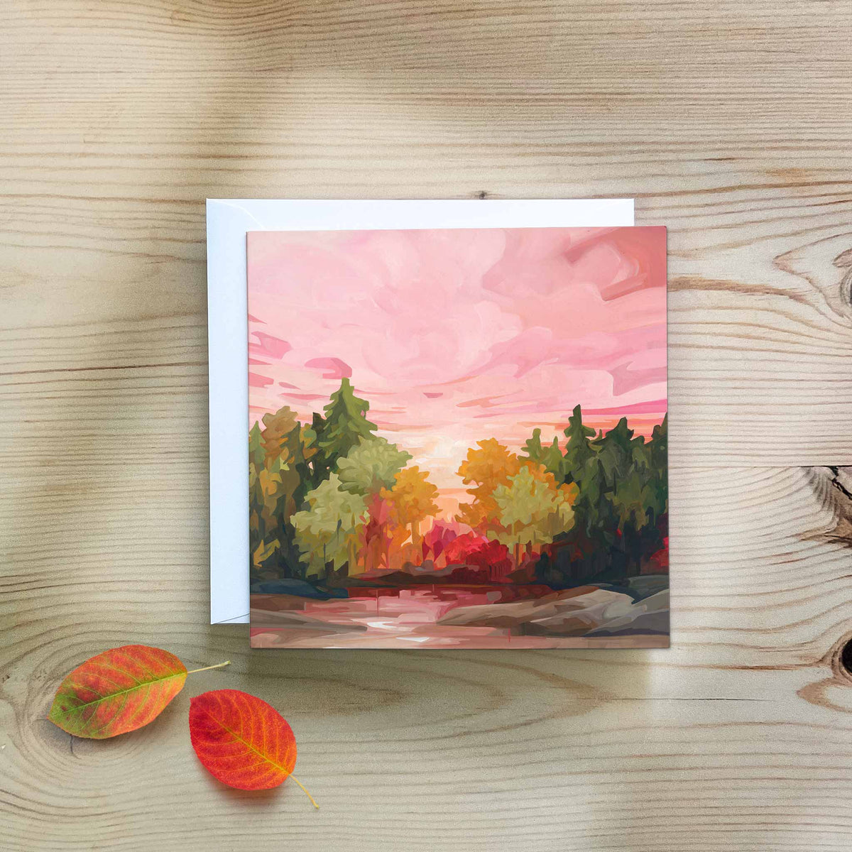 Colourful autumn forest art card with a dreamy pink sky and vibrant woodland scene