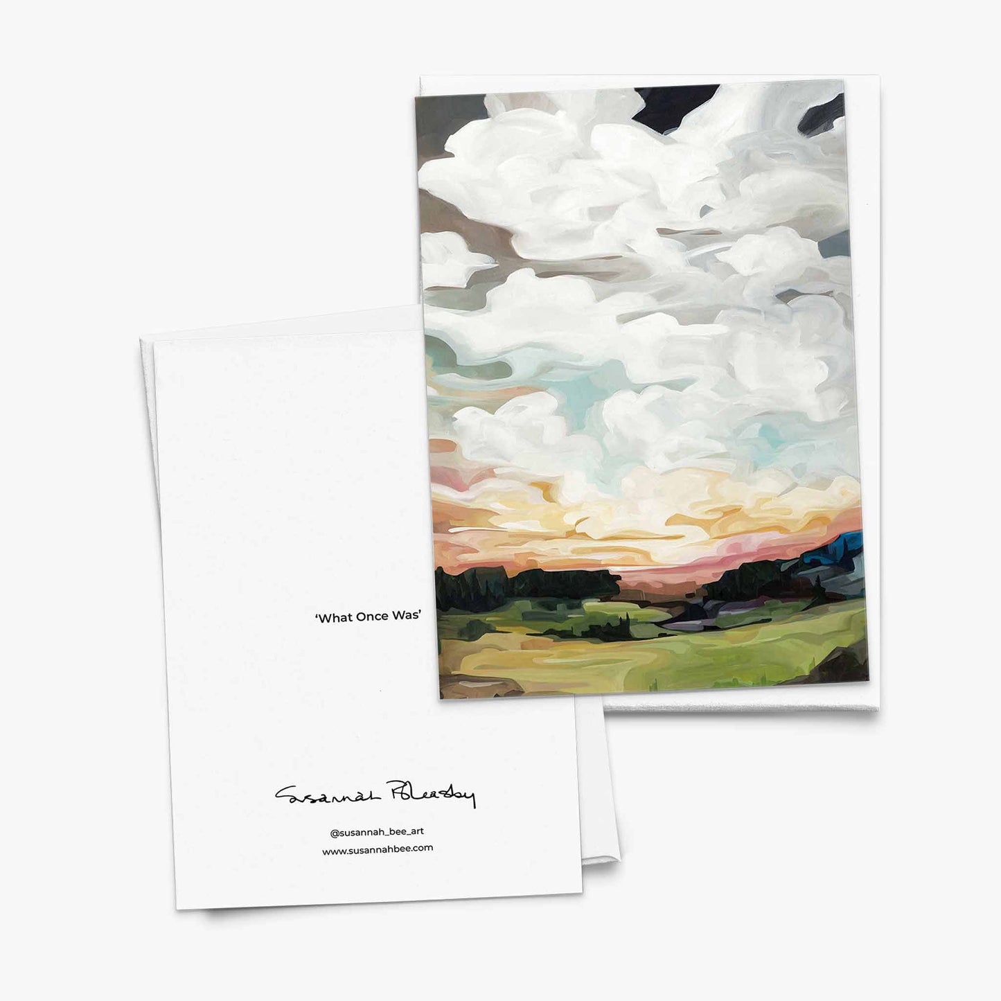Blank greeting card with soft autumn landscape and warm sky