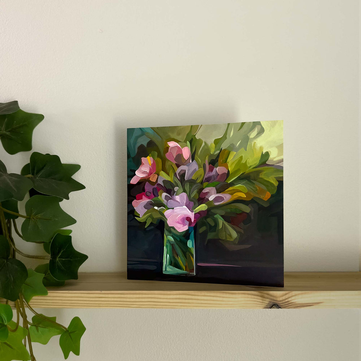 purple floral greeting card on shelf lilah