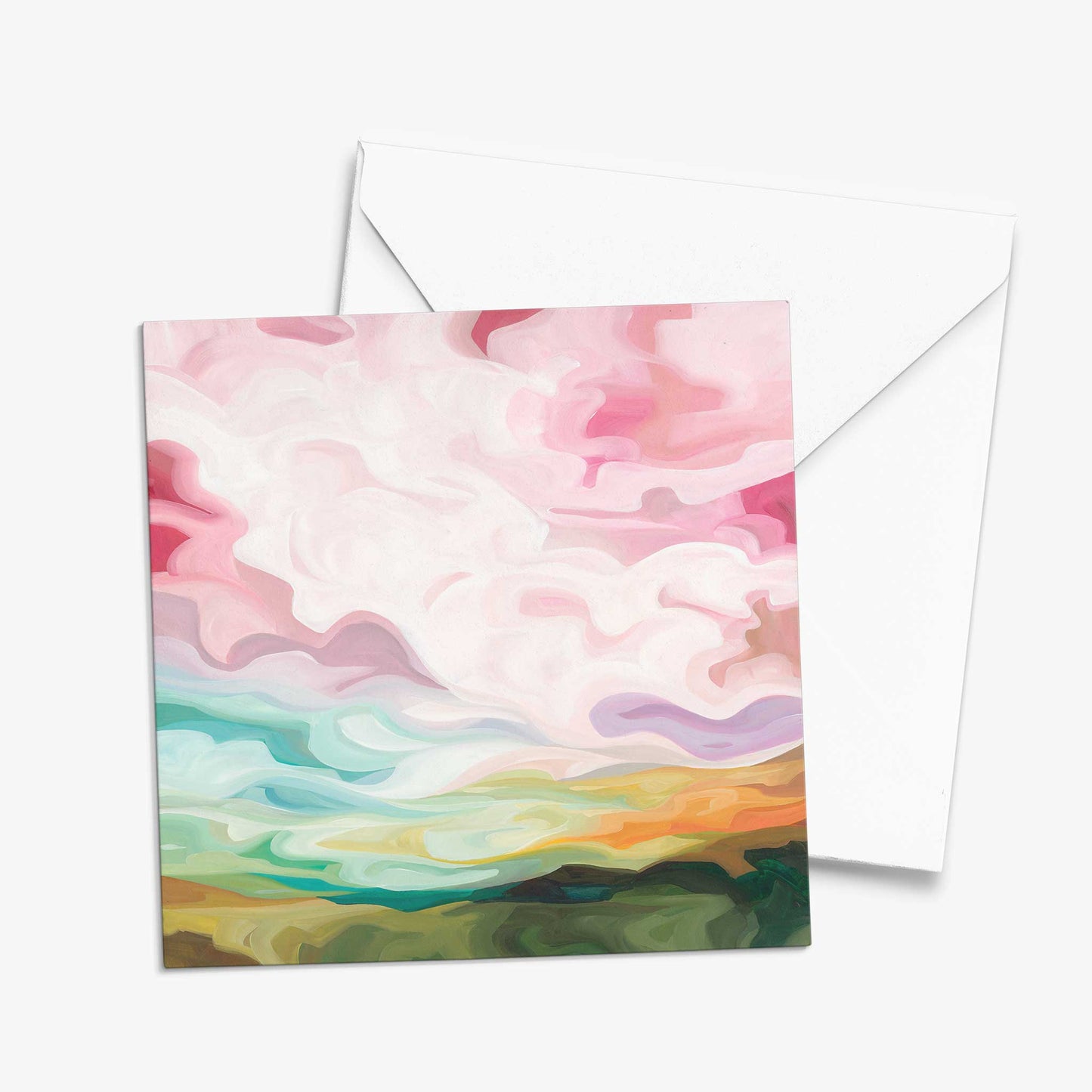 Colourful cloudscape greeting card inspired by candyfloss skies, soft pink clouds, and dreamy spring mornings