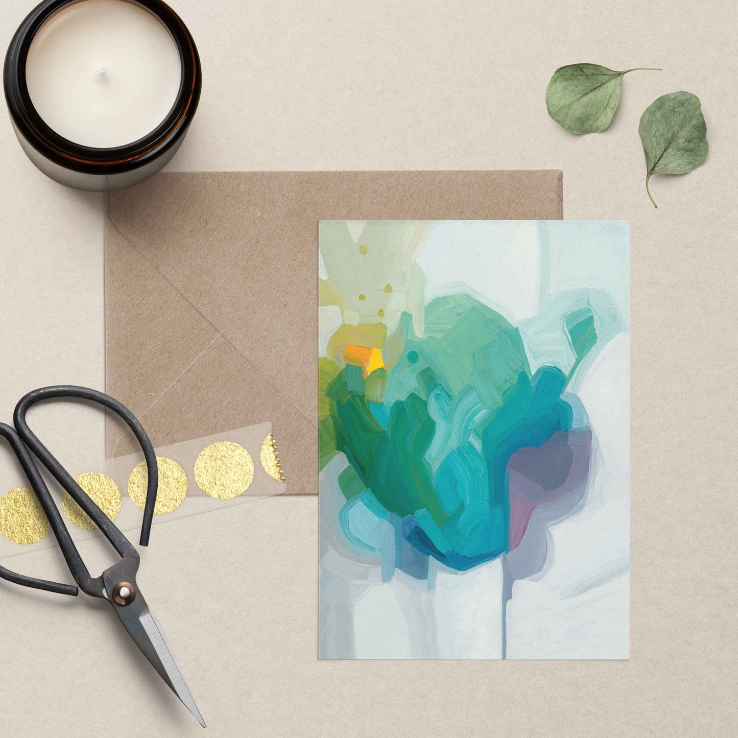 blank greeting cards UK with seafoam green abstract artwork and kraft envelope