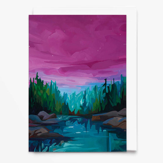 Landscape art card with blazing magenta sunrise sky and forest lake