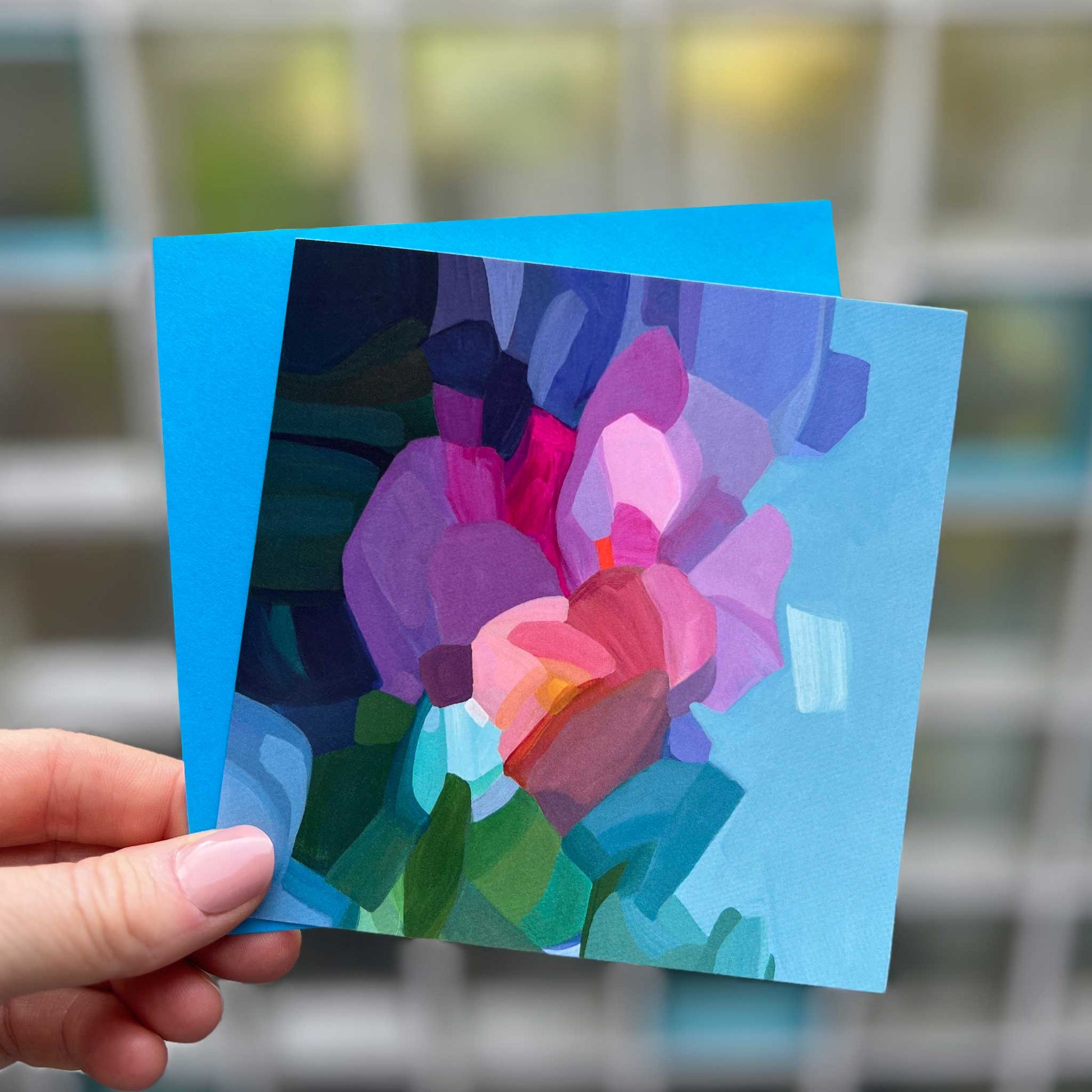 blue abstact art card uk with bright blue envelope