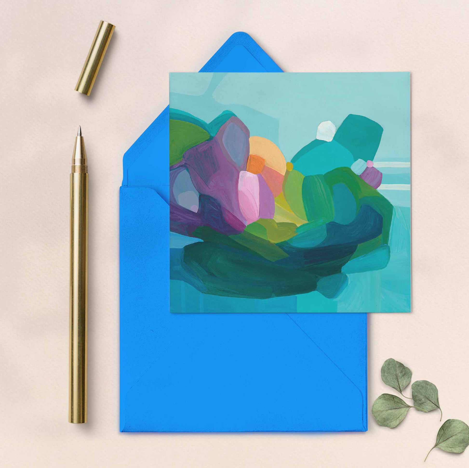 bright blue abstract art greeting card UK