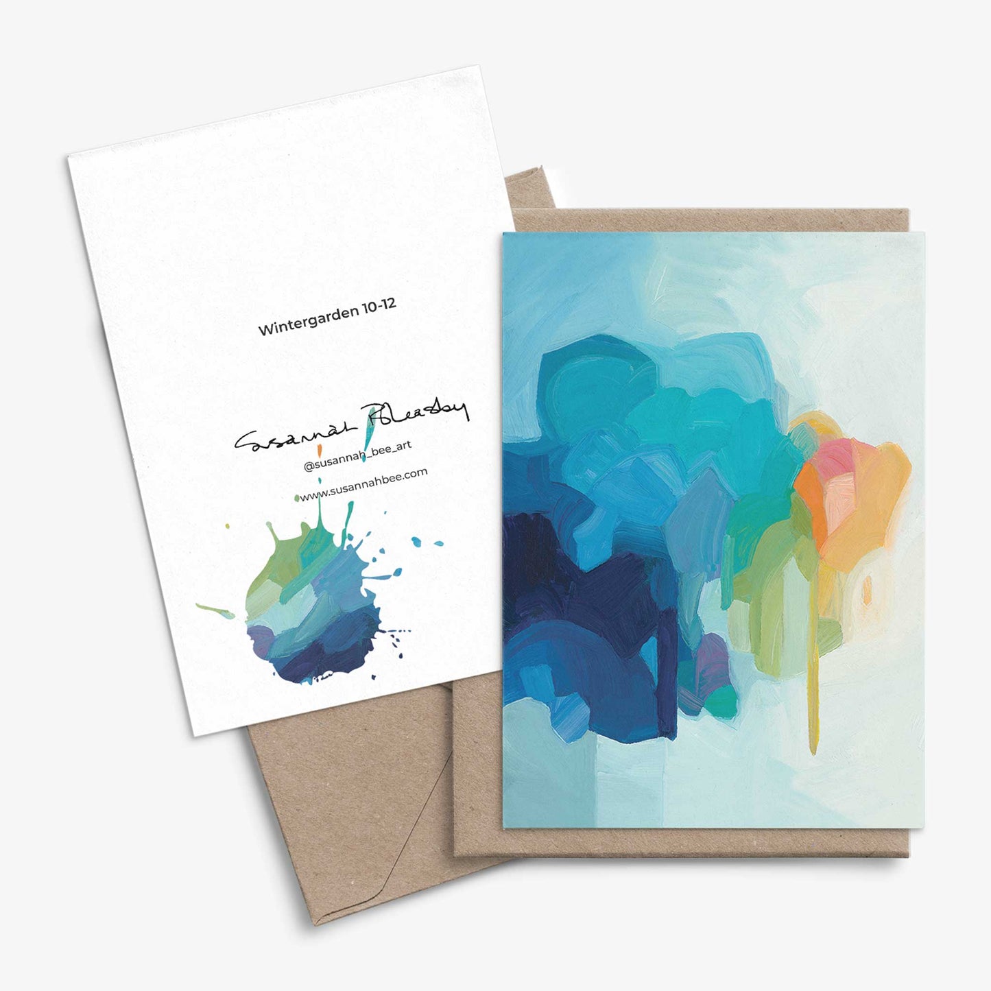 blue abstract artwork artist cards with kraft envelopes
