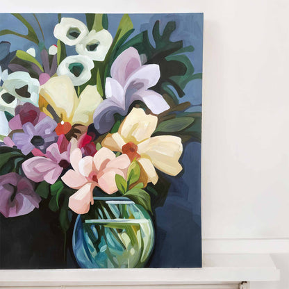 Large original abstract floral painting in blue with vibrant spring-inspired colours